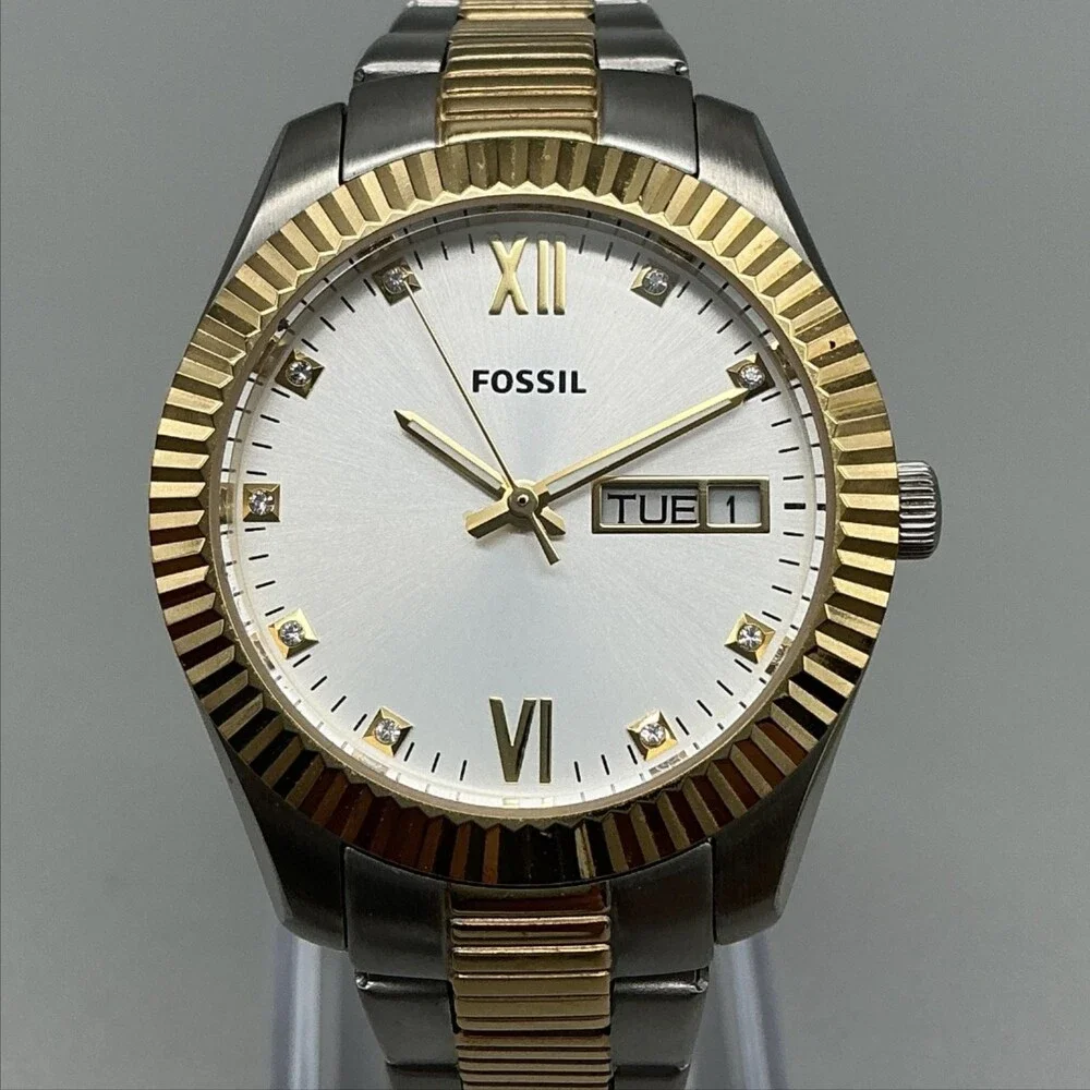 Fossil Scarlette FS5198 Mens Watch 33mm Two Tone Day Date New Battery 6.25